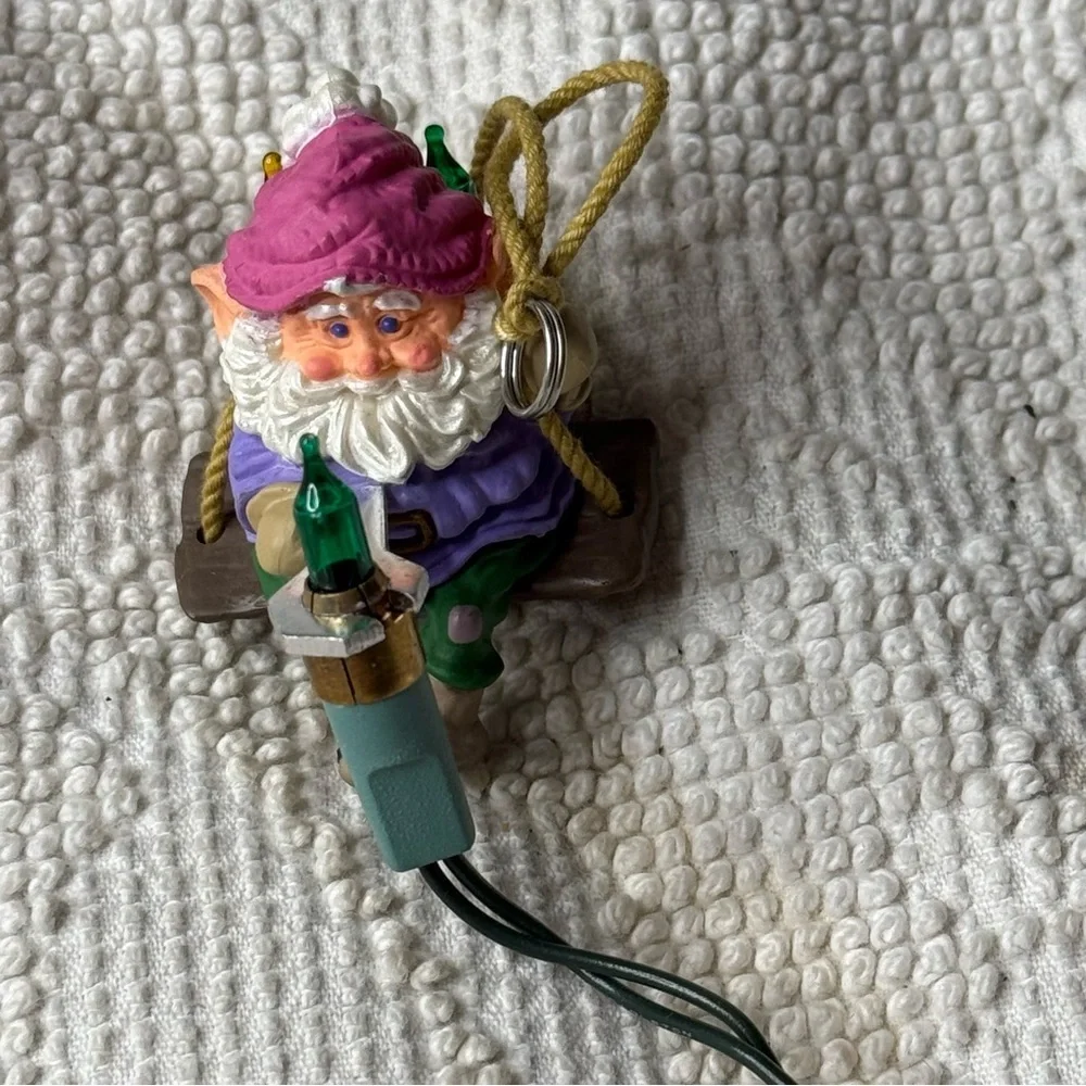 Vintage 1987 Hallmark Keepsake Gnome on Swing Light‎ String Christmas Ornament